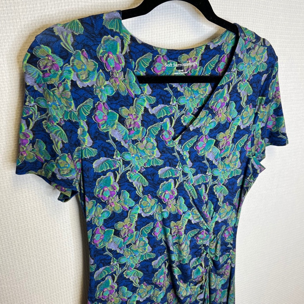 Soft Surroundings Blue Floral Ruched Faux Wrap Midi Dress 2FA64 Small